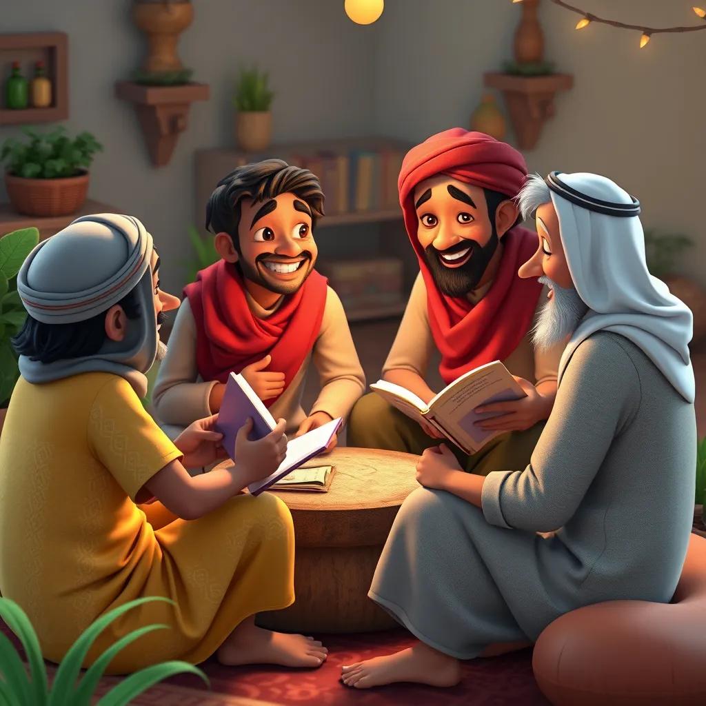 Image of Sami and his friends sitting together in a circle, sharing stories and laughing, emphasizing kindness and respect towards elders, charming setting, colorful, inviting atmosphere