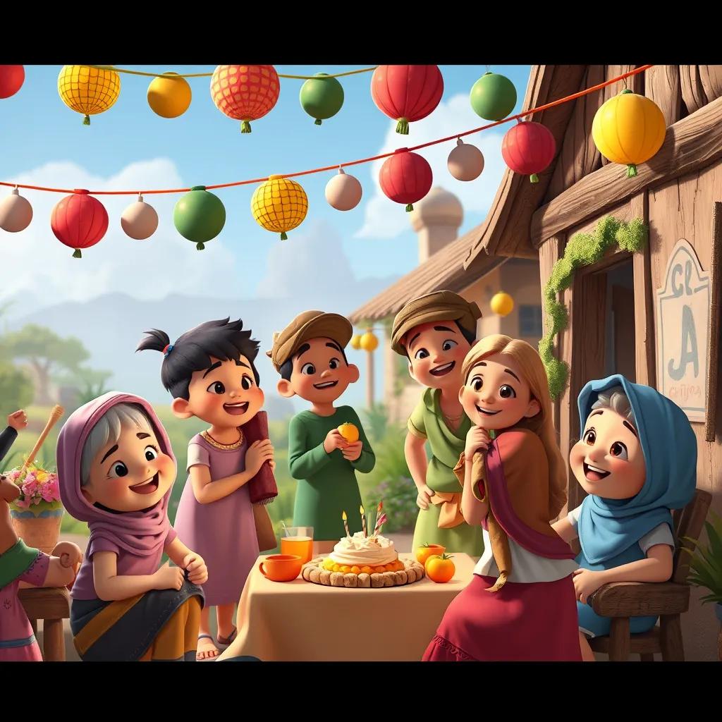 Image of Children in the village happily organizing a small party for the elders, decorations and smiling faces everywhere, festive atmosphere, lively and cheerful digital art