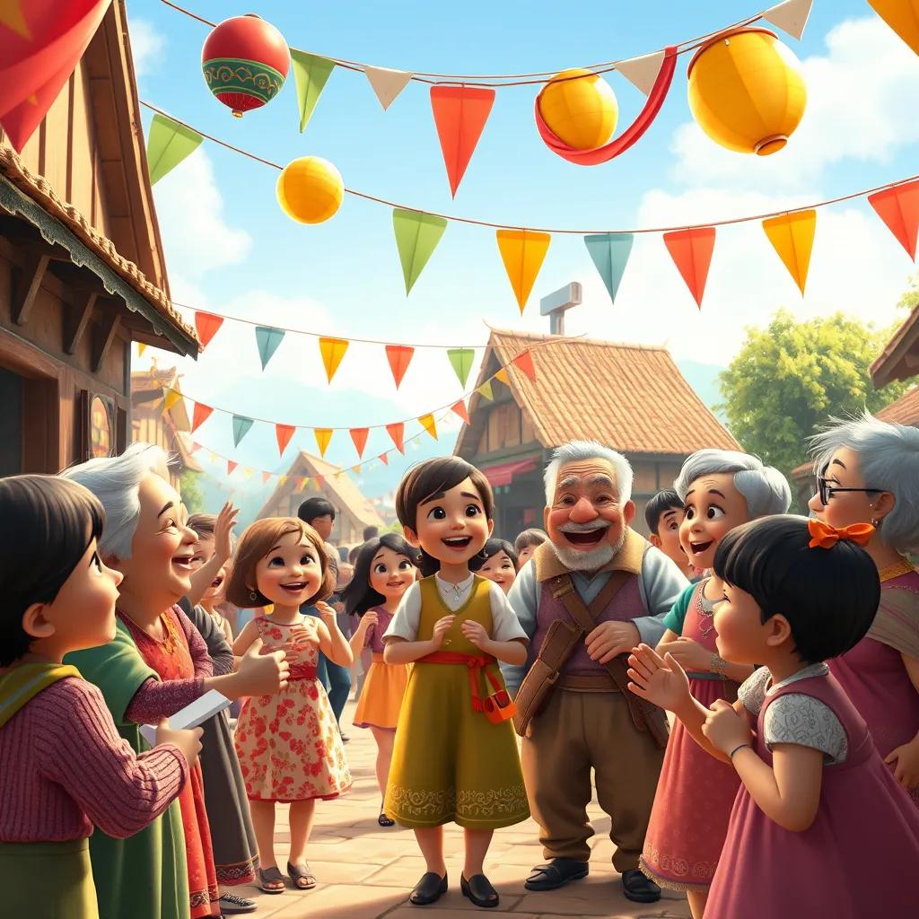 Image of A joyful village festival scene, with children singing and dancing around smiling elderly people, colorful decorations and banners, picturesque setting, heartwarming