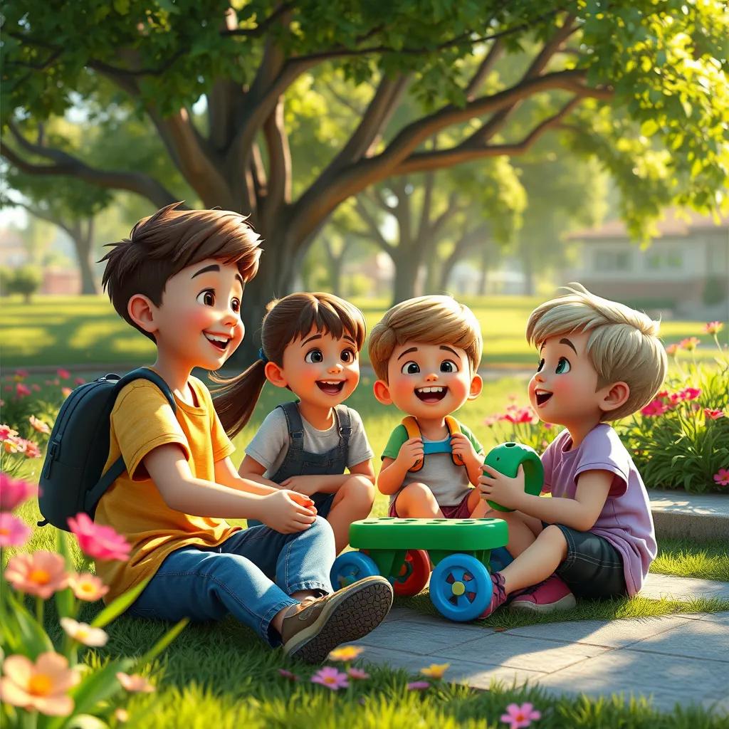 Image of Children playing together outside during recess, laughing, sharing toys, surrounded by trees and flowers, bright sunlight illuminating their smiles