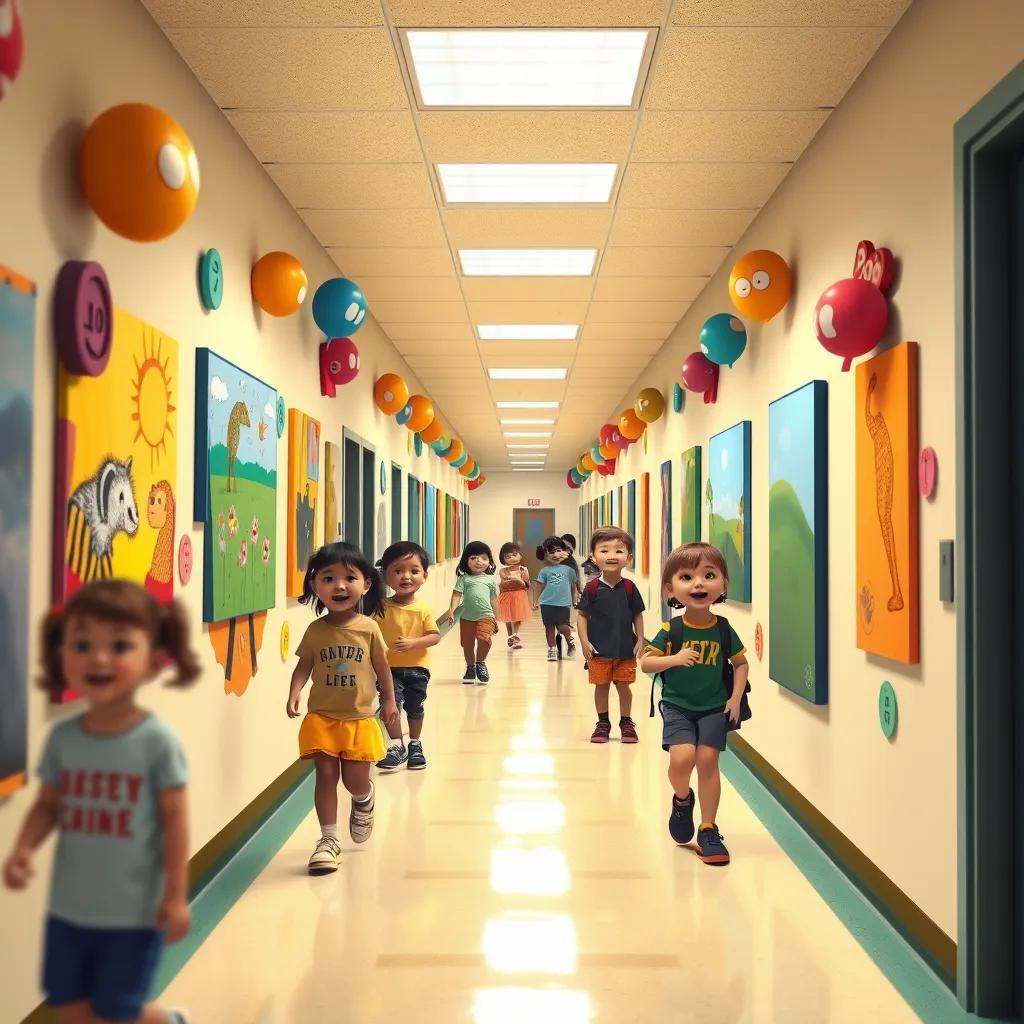 Image of A hallway decorated with art made by students, children walking in an orderly manner, smiling and chatting politely, bright and inviting