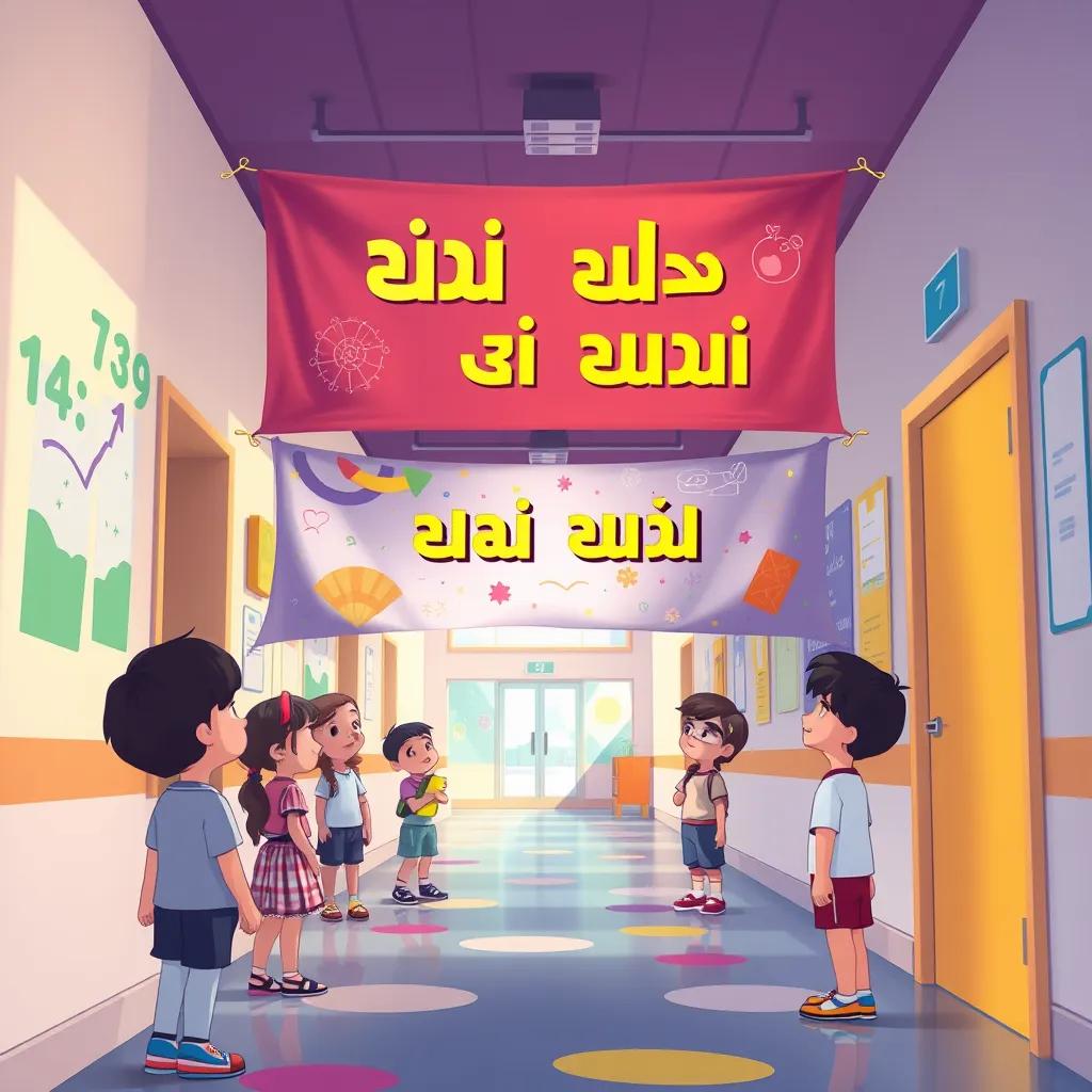 Image of A banner in the school hallway that says 'احترام قوانين المدرسة' with children admiring it, filled with vibrant colors and creative designs, inspiring environment