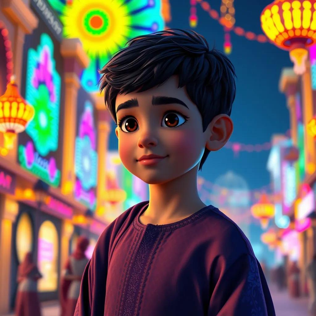 Image of A young Arab boy, Ali, with short black hair, wearing a colorful traditional thobe, standing in a brightly lit city decorated with colorful lights for the celebration, digital art, vibrant colors, festive atmosphere, high quality