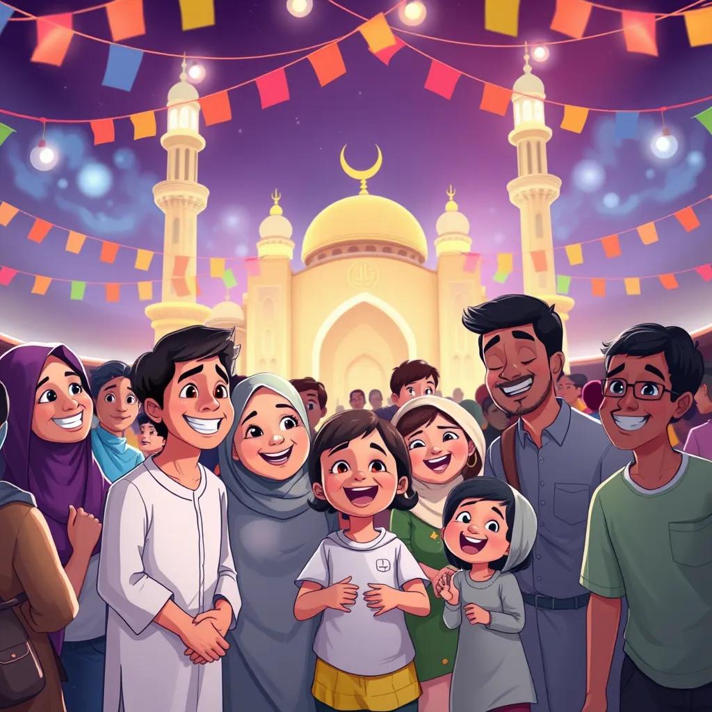 Image of A cheerful gathering at the mosque, families and children smiling and enjoying the celebration, surrounded by colorful banners and lights, illustration, happy, joyful atmosphere