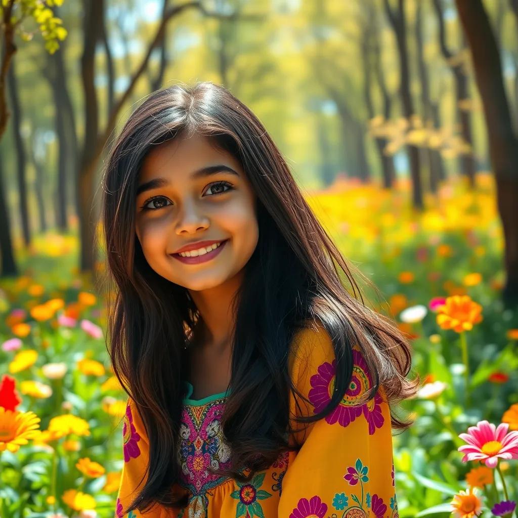 Image of A young Arab girl, Akrame, with long, dark hair, wearing a bright dress, smiling in a sunny forest with colorful flowers around her, cheerful atmosphere, digital art, vibrant colors, inviting scene, high quality