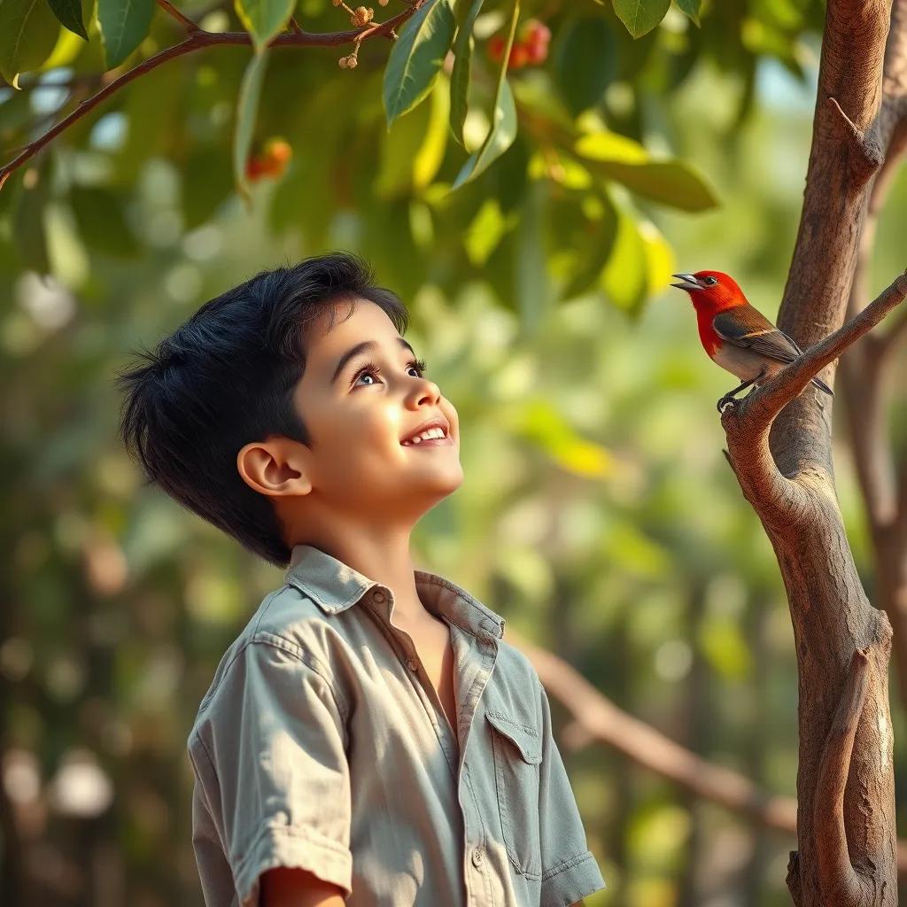 Image of A young Arab boy, Ezzedine, with short, dark hair, wearing a casual shirt and shorts, looking up at a beautiful singing bird perched on a tree branch, bright colors, nature, happy atmosphere, high quality