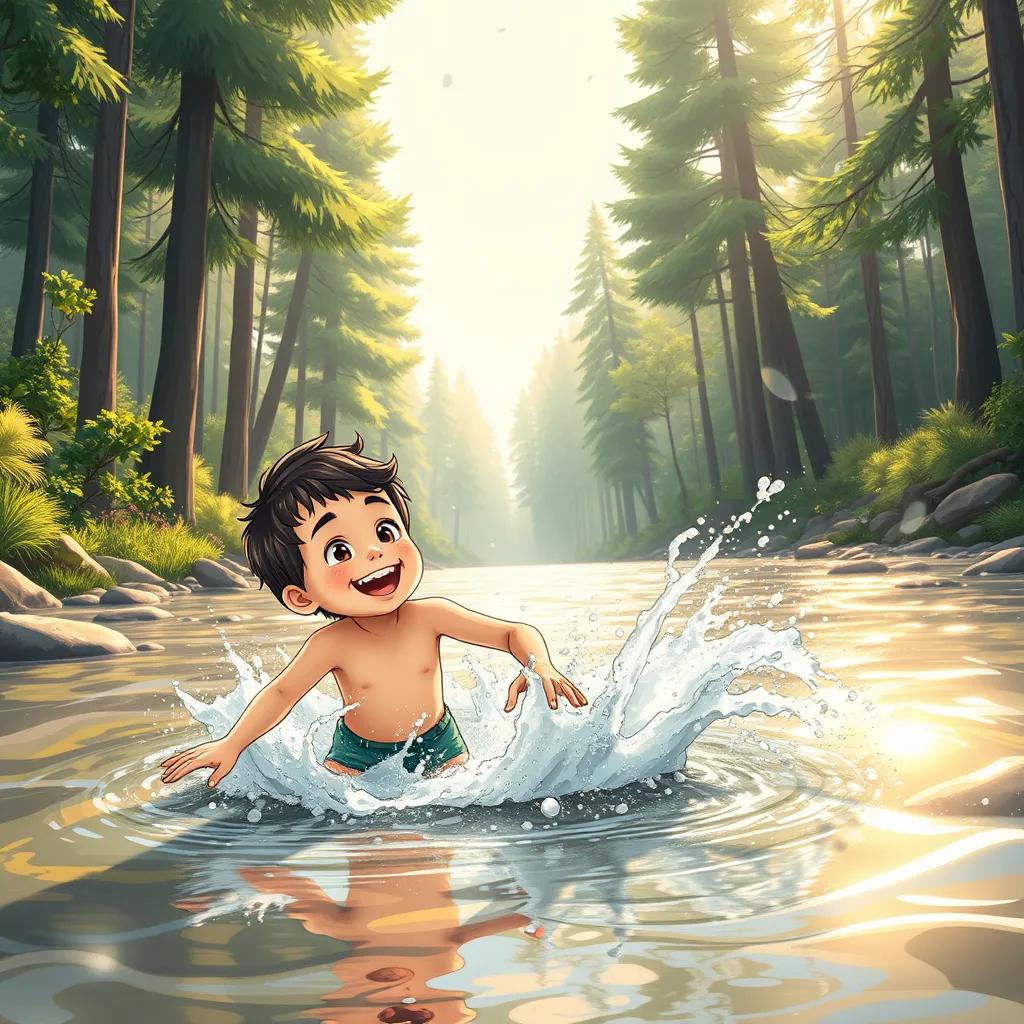 Image of Akrame and Ezzedine playing in a shimmering river, splashing water, laughter in their eyes, surrounded by tall trees and sunlight, joyful moment, detailed illustration, cheerful vibe, high quality