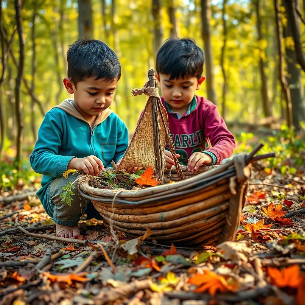 Image of Akrame and Ezzedine building a small boat from sticks and leaves, using their creativity and imagination in a sunny forest, colorful art, playful scene, high quality