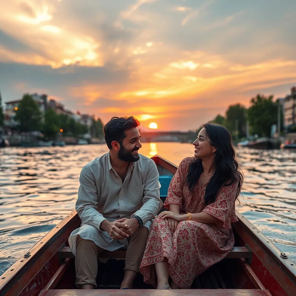 Image of Akrame and Ezzedine sitting in their small boat, smiling at each other on a sparkling river during sunset, feeling happy and carefree, warm colors, heartwarming moment, high quality