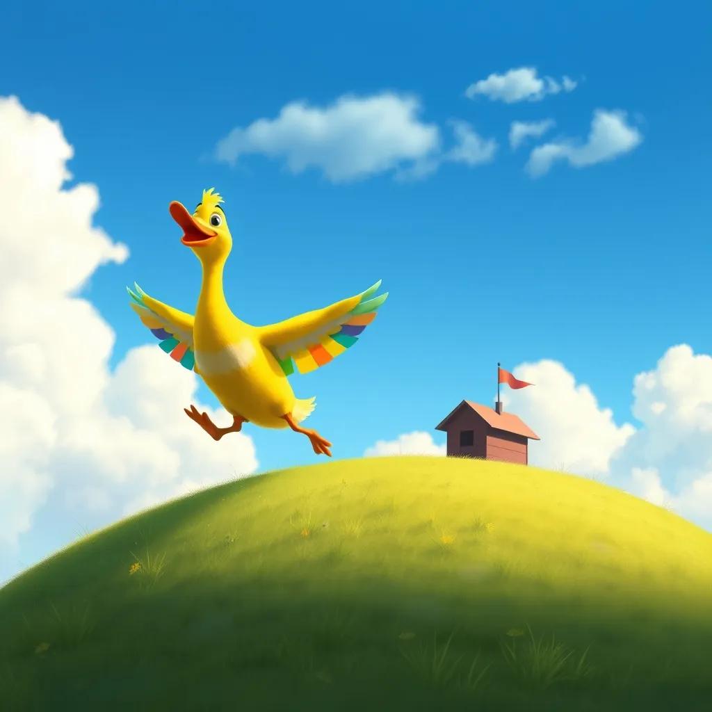 Image of A proud duck, with bright yellow feathers and colorful handmade wings, about to take flight from a small hill, with blue skies and fluffy clouds, illustration, adventurous, uplifting