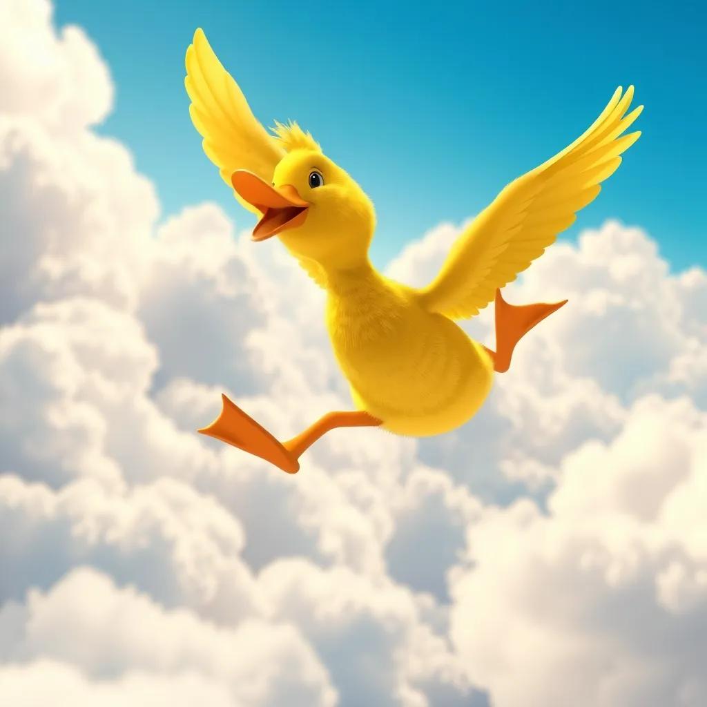 Image of A brave duck, with bright yellow feathers, soaring in the sky above fluffy white clouds, feeling exhilarated and free, bright and cheerful colors, joyful perspective