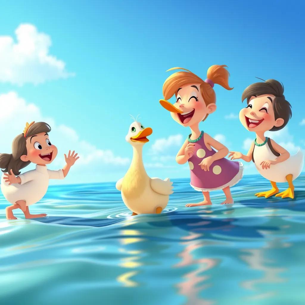 Image of Friends calling the duck to join them on the shore, cheerful scene with blue skies, laughter, colorful, bright light, inviting setting, child-friendly, happy mood