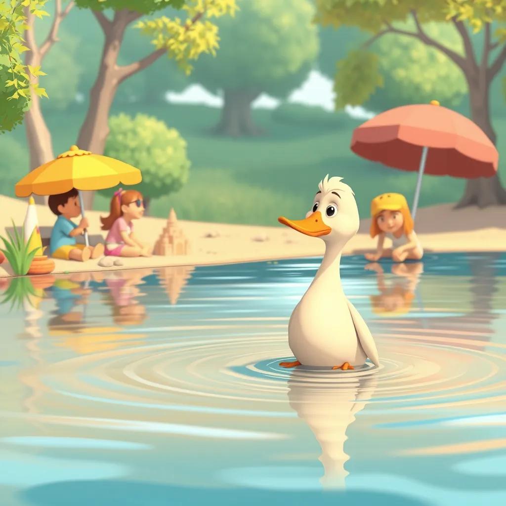 Image of The duck sitting alone in the lake while her friends build sandcastles happily on the shore, warm colors, summer vibes, bright and cheerful, illustration, high quality