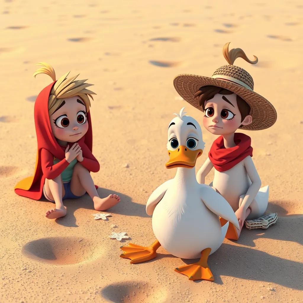 Image of Friends getting bored on the beach without the stubborn duck, looking sad, sandy beach scene, detailed portrayal of fun and longing, colorful, inviting, child-friendly, illustration, high quality