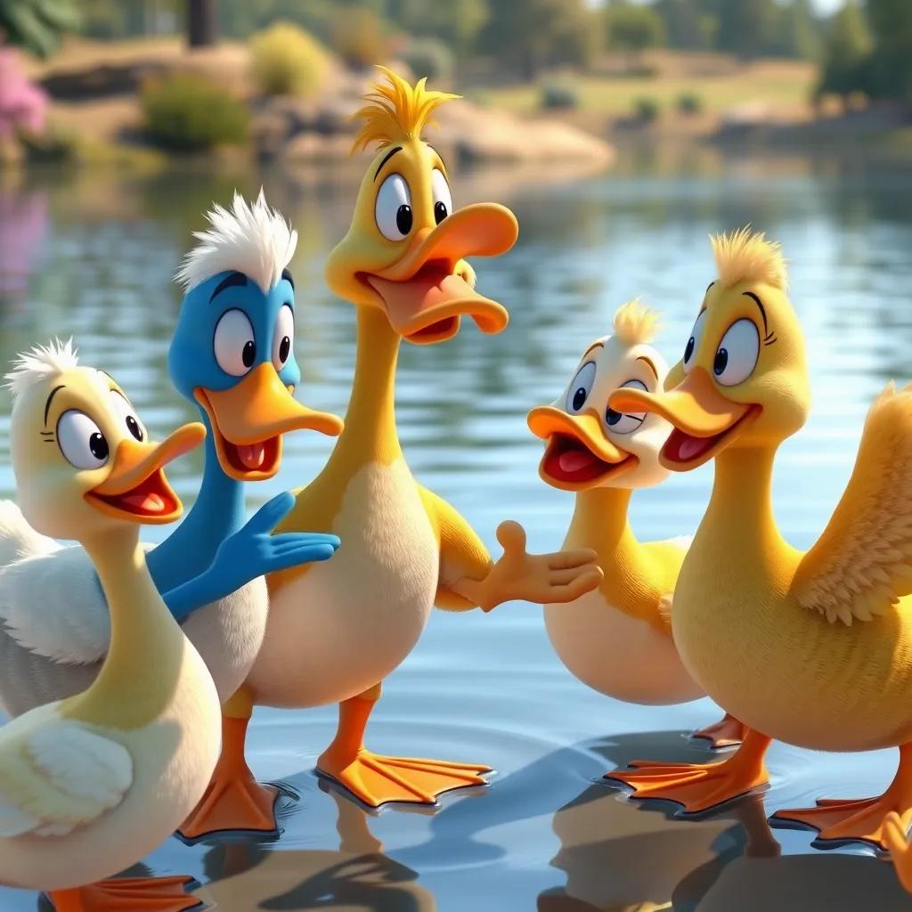 Image of Other ducks encouraging the stubborn duck to join them, enthusiastic expressions, bright lake scenery, cheerful atmosphere, colorful, animated scene, high quality