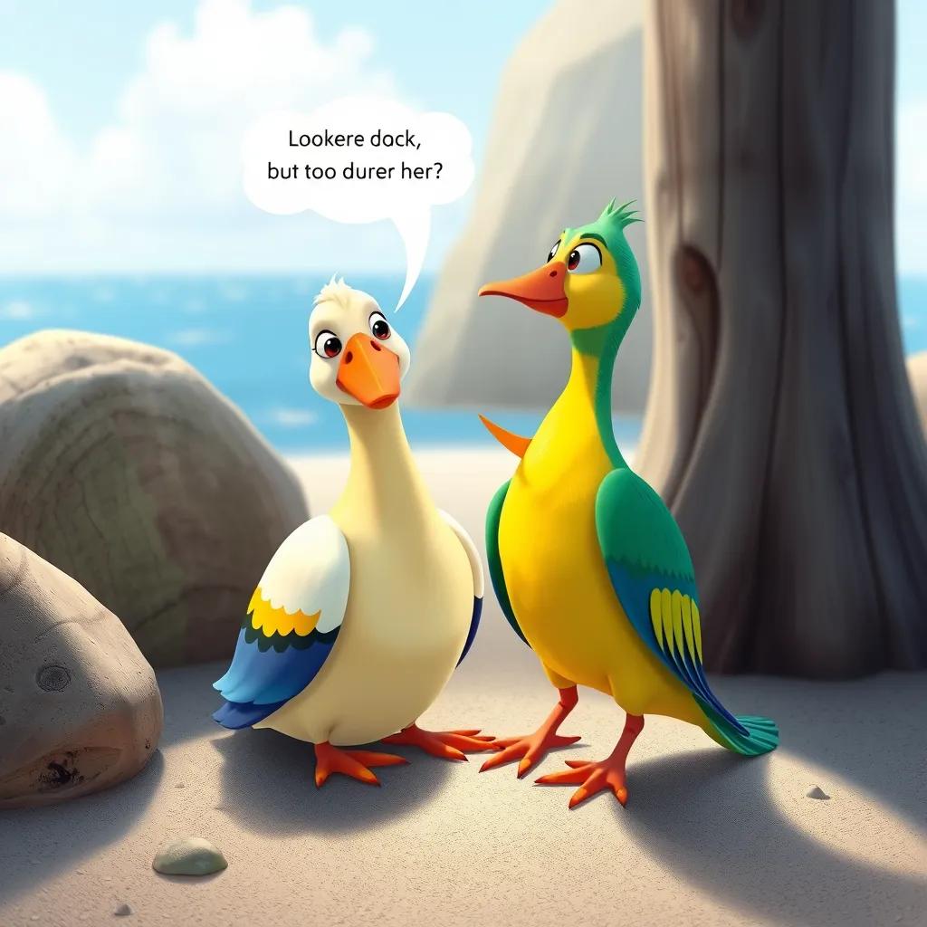 Image of The colorful bird sitting with the stubborn duck, encouraging her to look at the beach, conversation happening between them, bright colors, friendly setting, child-friendly, illustration, high quality