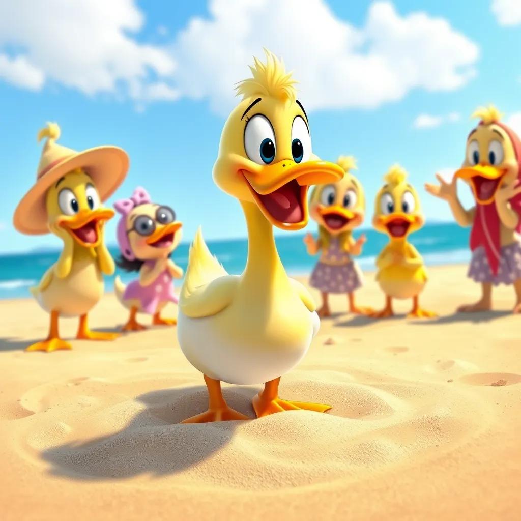 Image of The duck trying the sand for the first time, her friends cheering her on, joyful atmosphere, vibrant beach scene, colorful, happy, child-friendly, illustration, high quality