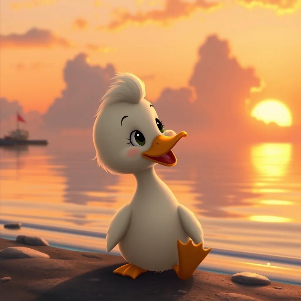 Image of The duck enjoying the view from the shore, watching the sunset, happy expressions on her face, golden colors, warm setting, nostalgic feel, illustration, high quality