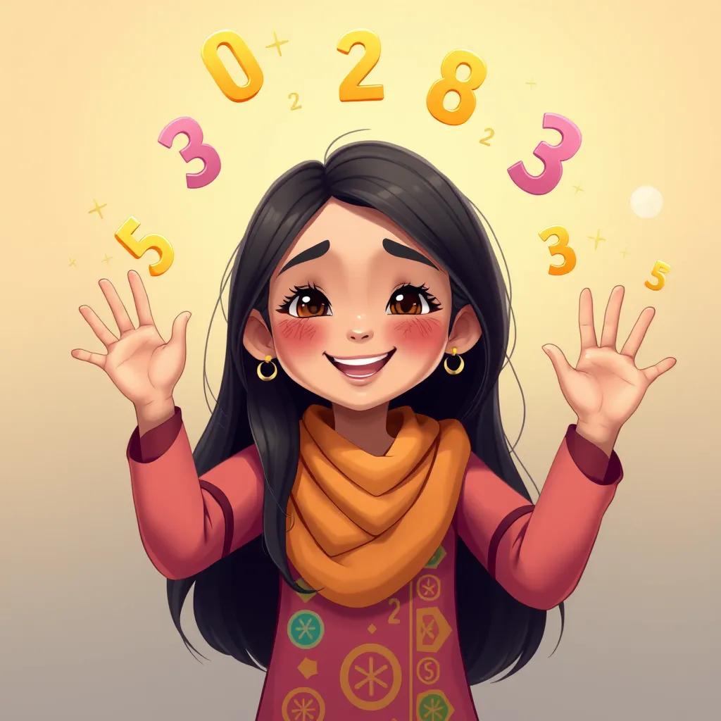 Image of Lamaa, a young Arab girl, with long dark hair in a colorful abaya, happily counting primes on her fingers, numbers floating around her, joyful expressions, illustration, playful, child-friendly