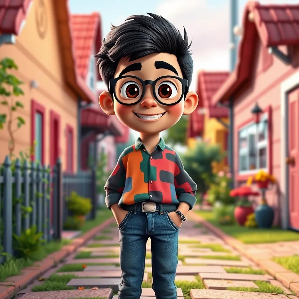 Image of A new boy named Sami, a tall Arab boy with glasses and a bright smile, wearing jeans and a colorful shirt, standing at the entrance of a cozy neighborhood, digital art, friendly atmosphere, vibrant colors, inviting perspective, high quality