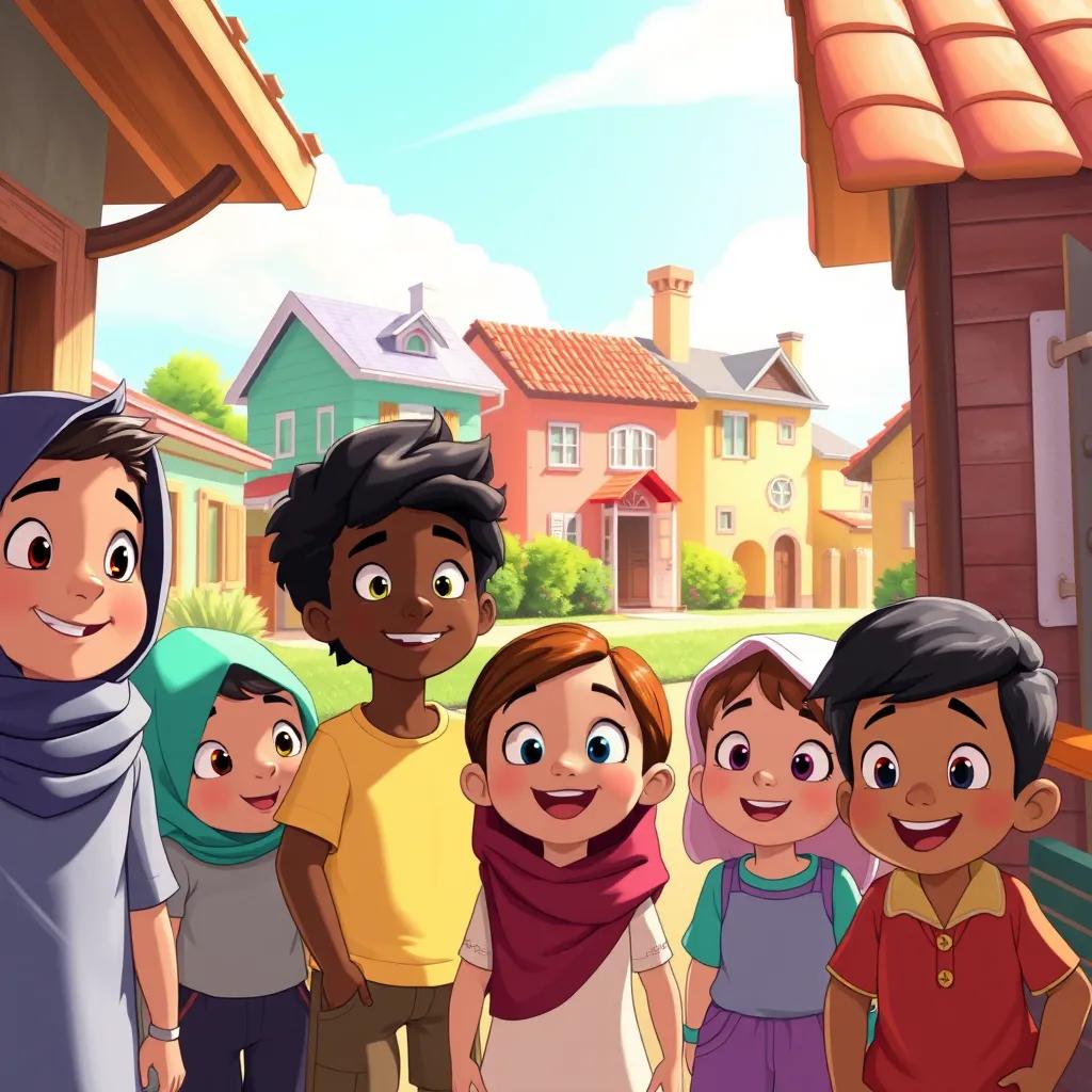 Image of A group of curious children, with various ethnic backgrounds, looking excited while approaching Sami's house, colorful houses in the background, bright sunny day, illustration, cheerful vibe, warm light