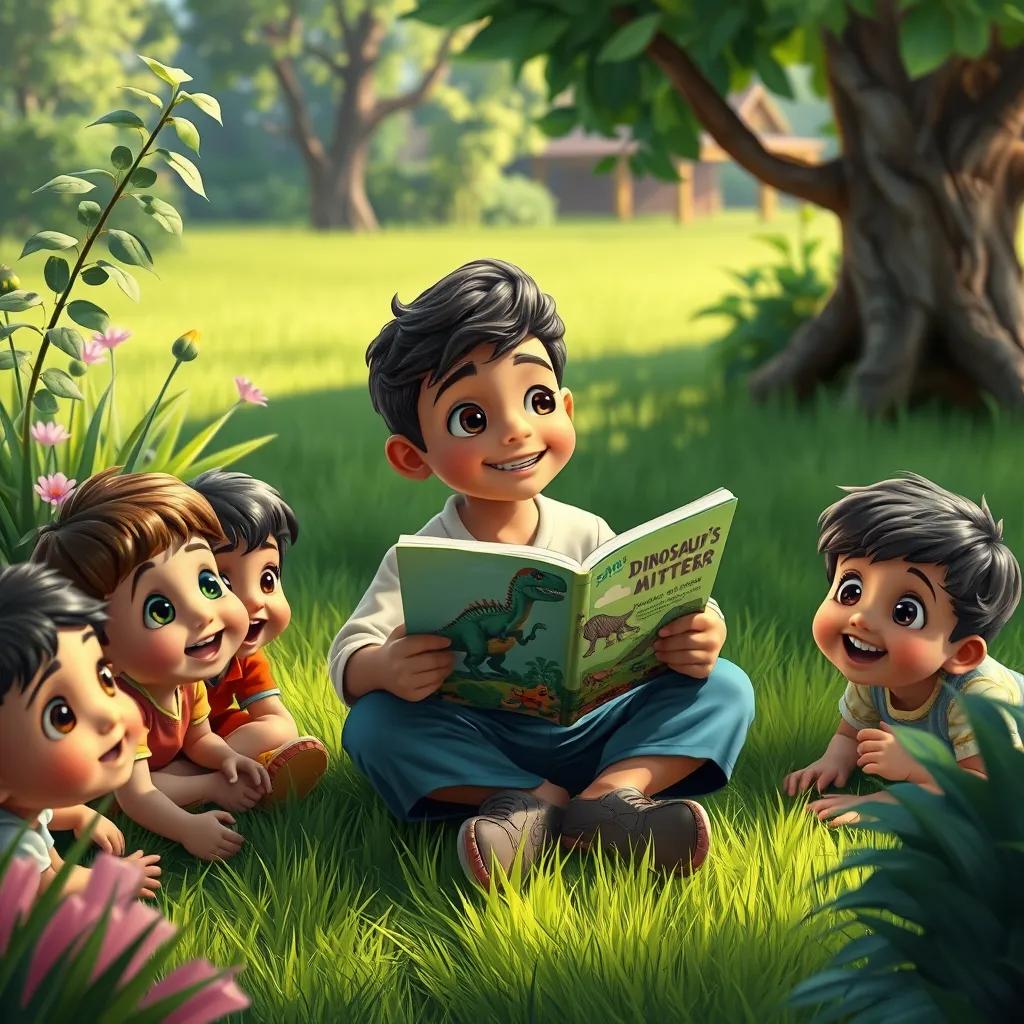 Image of Sami sitting in his garden, holding a dinosaur book, with children's eager faces around, green grass and trees, digital painting, lively, engaging scene, high quality