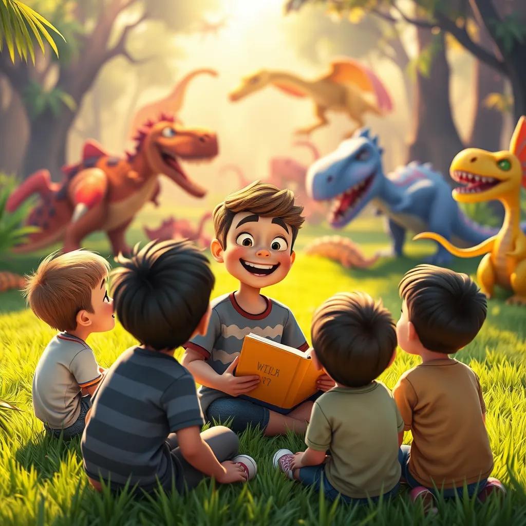 Image of Sami happily sharing about dinosaurs, surrounded by kids sitting on the grass, colorful illustrations of dinosaurs in the background, vibrant, warm light, storytelling view, fantasy