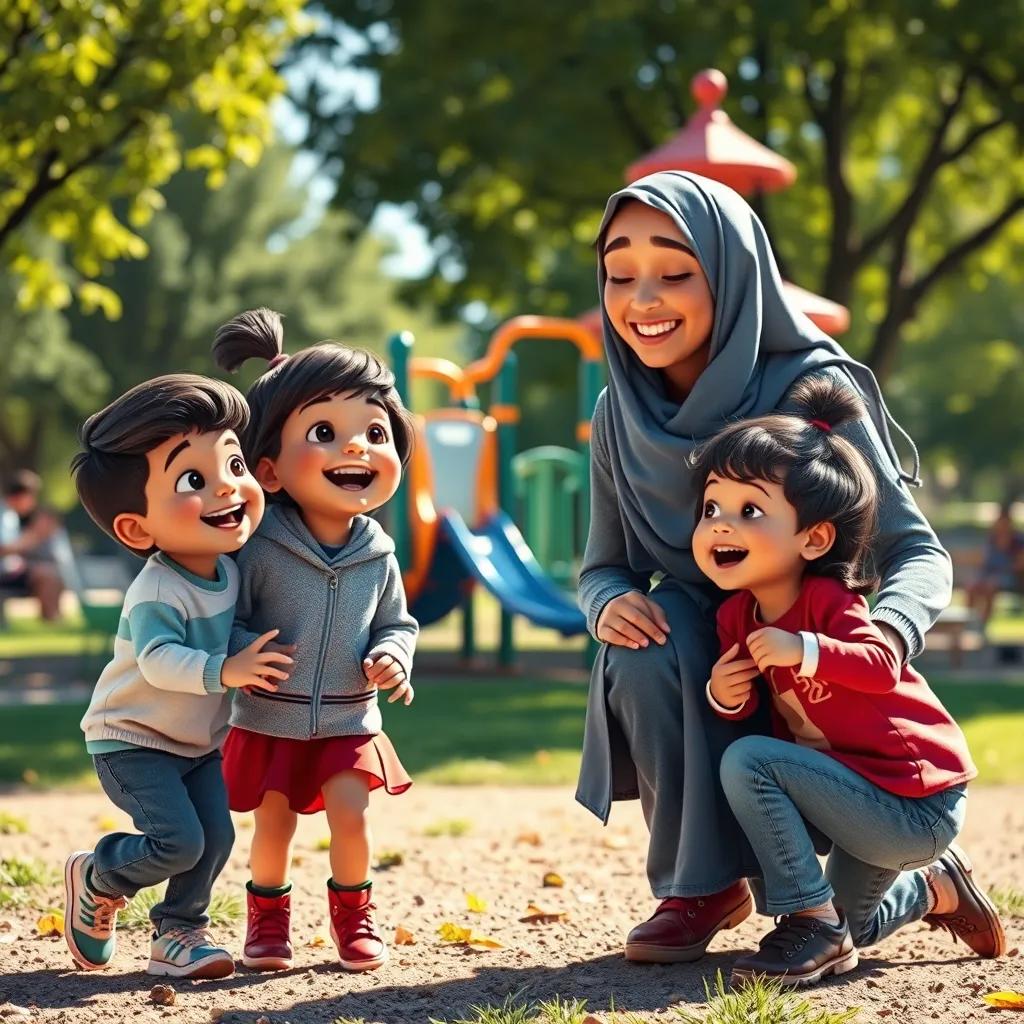 Image of Sami and the children playing together in the park, with smiles and laughter, colorful playground equipment in the background, bright sunny day, heartwarming scene, uplifting imagery