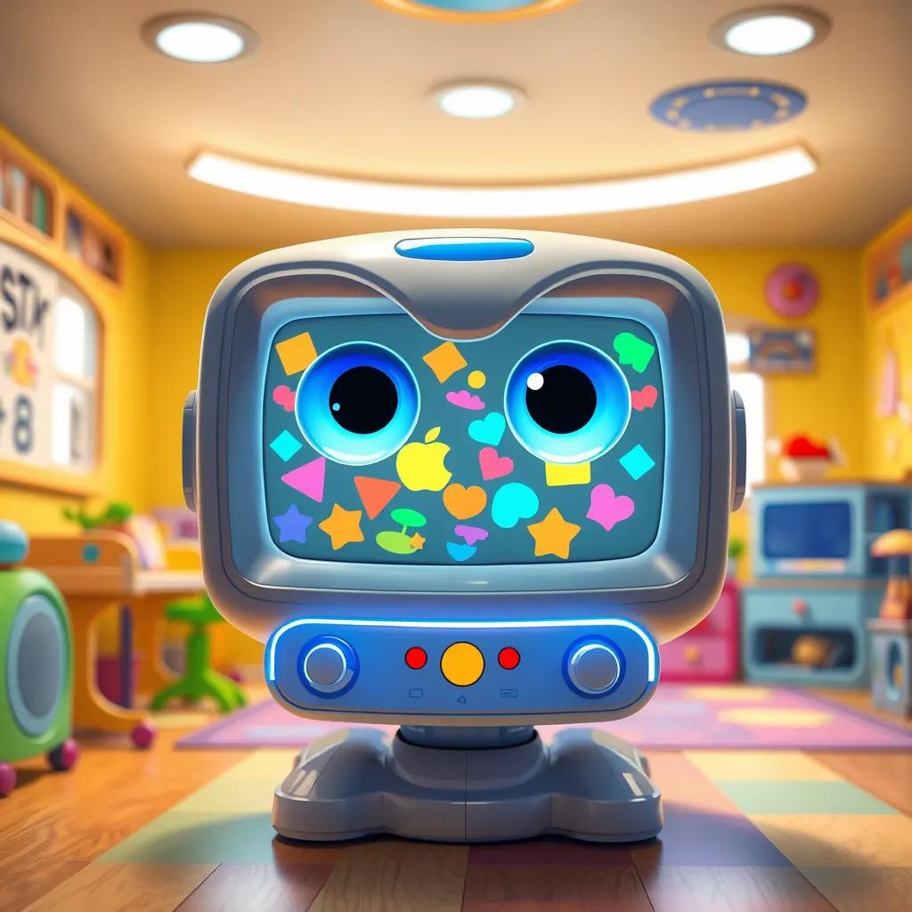 Image of A bright, futuristic computer with big blue eyes, glowing screen filled with colorful shapes, in a vibrant children's playroom, digital art, cheerful colors, inviting atmosphere, high quality