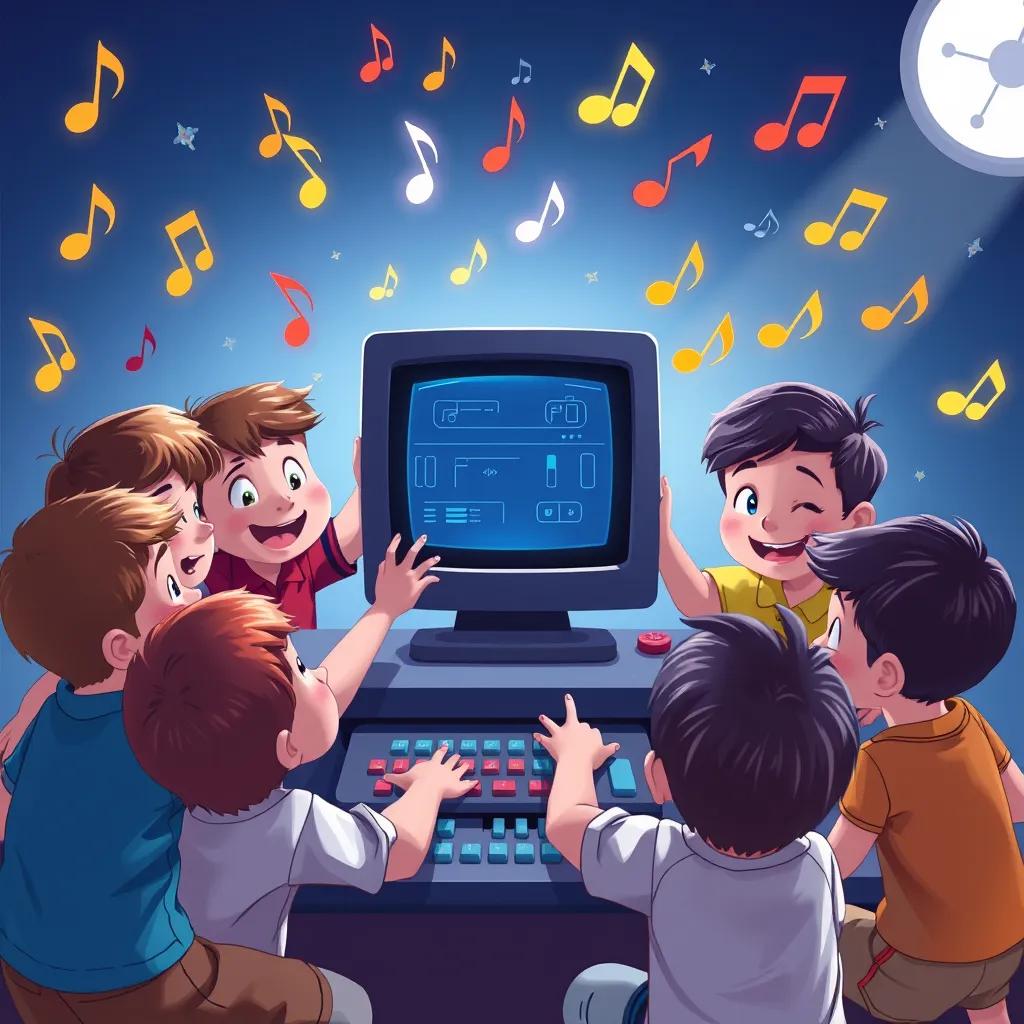 Image of Children gathered around the amazing computer, pressing buttons and smiling, surrounded by musical notes in the air, playful vibe, illustration, joyful scene, high quality