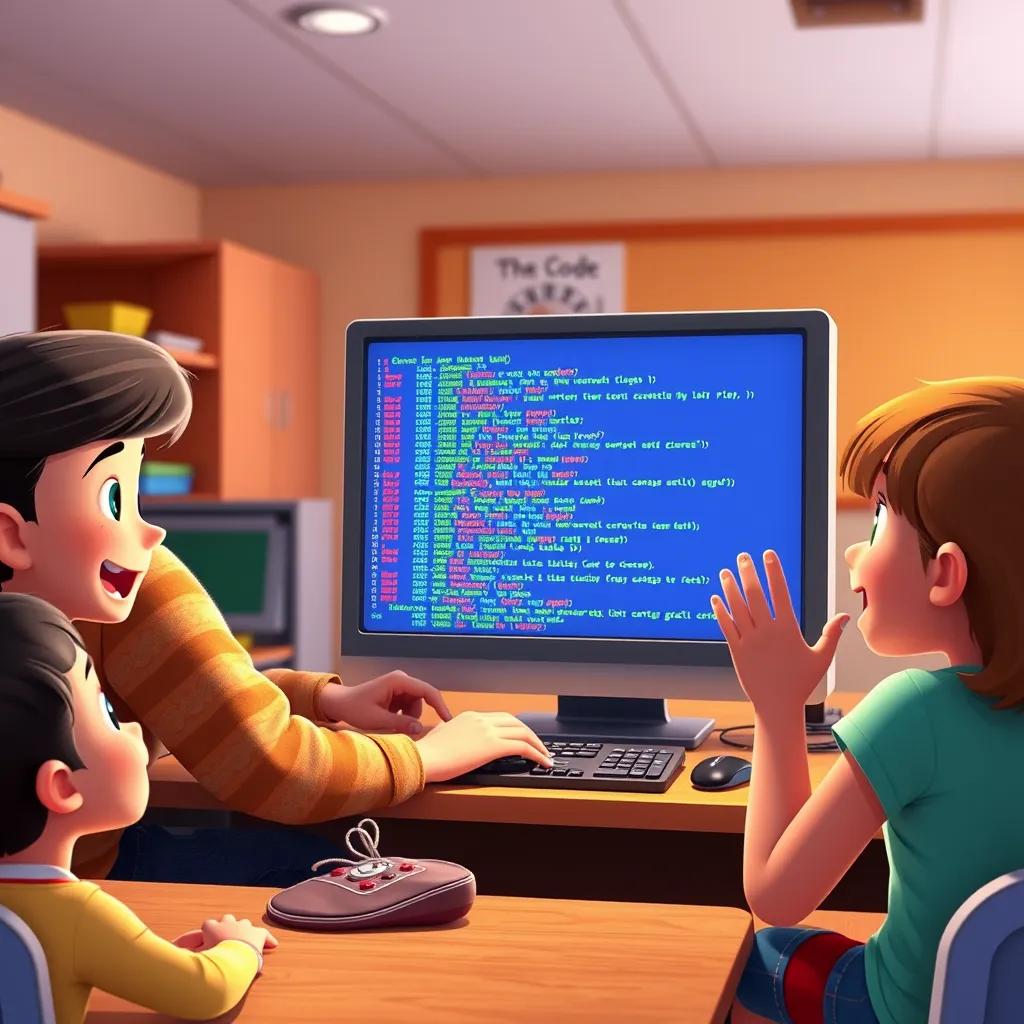 Image of The computer teaching children how to code, with colorful code on the screen, children looking excited and engaged, warm classroom setting, encouraging atmosphere, digital art, high quality