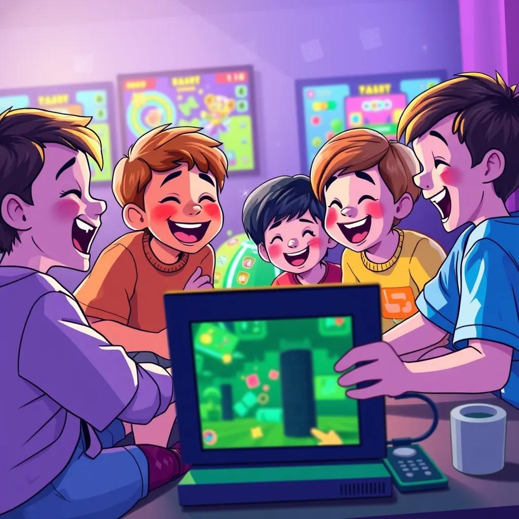 Image of Children laughing and playing games they created with the computer's help, colorful game graphics on the screen, cheering and having fun together, lively atmosphere, illustration, high quality