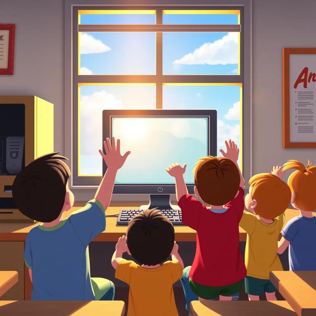 Image of Children waving goodbye to the computer, promising to return again, sunny outside the computer lab window, heartwarming scene, bright colors, digital art, high quality