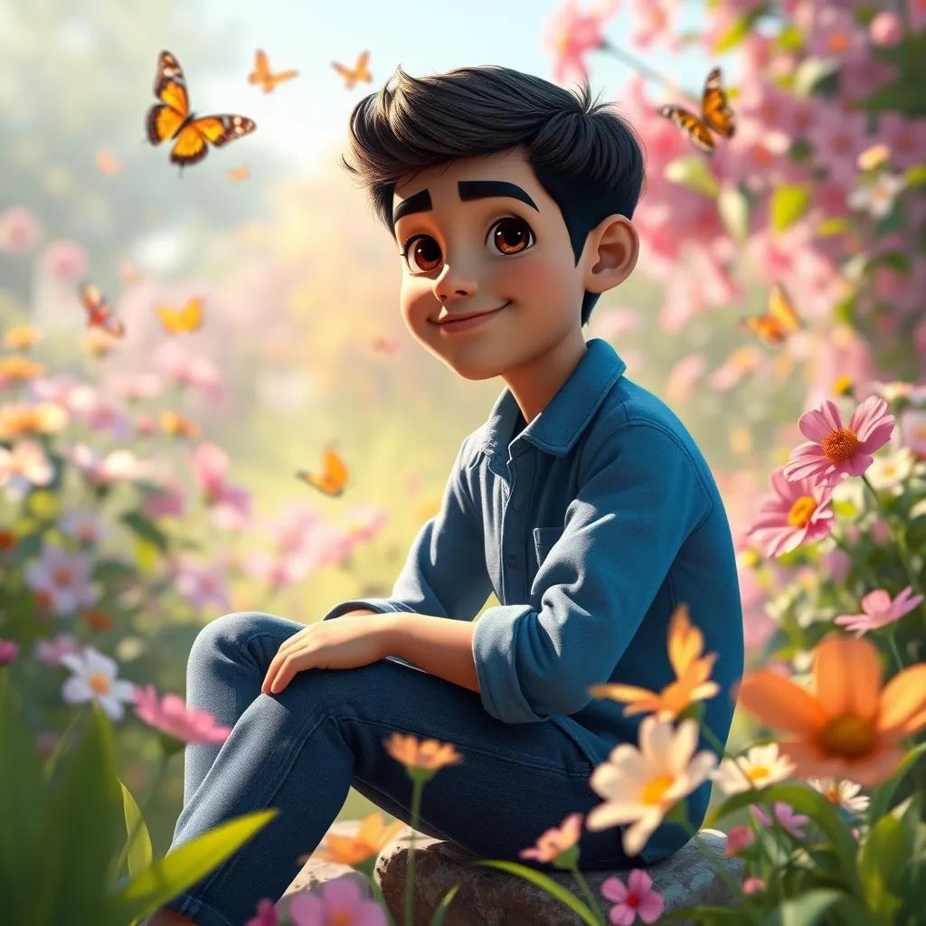 Image of A young Arab boy, Amjad, with short black hair, wearing a blue shirt and jeans, sitting in a beautiful garden surrounded by flowers and butterflies, bright light, vibrant colors, cheerful atmosphere, digital art