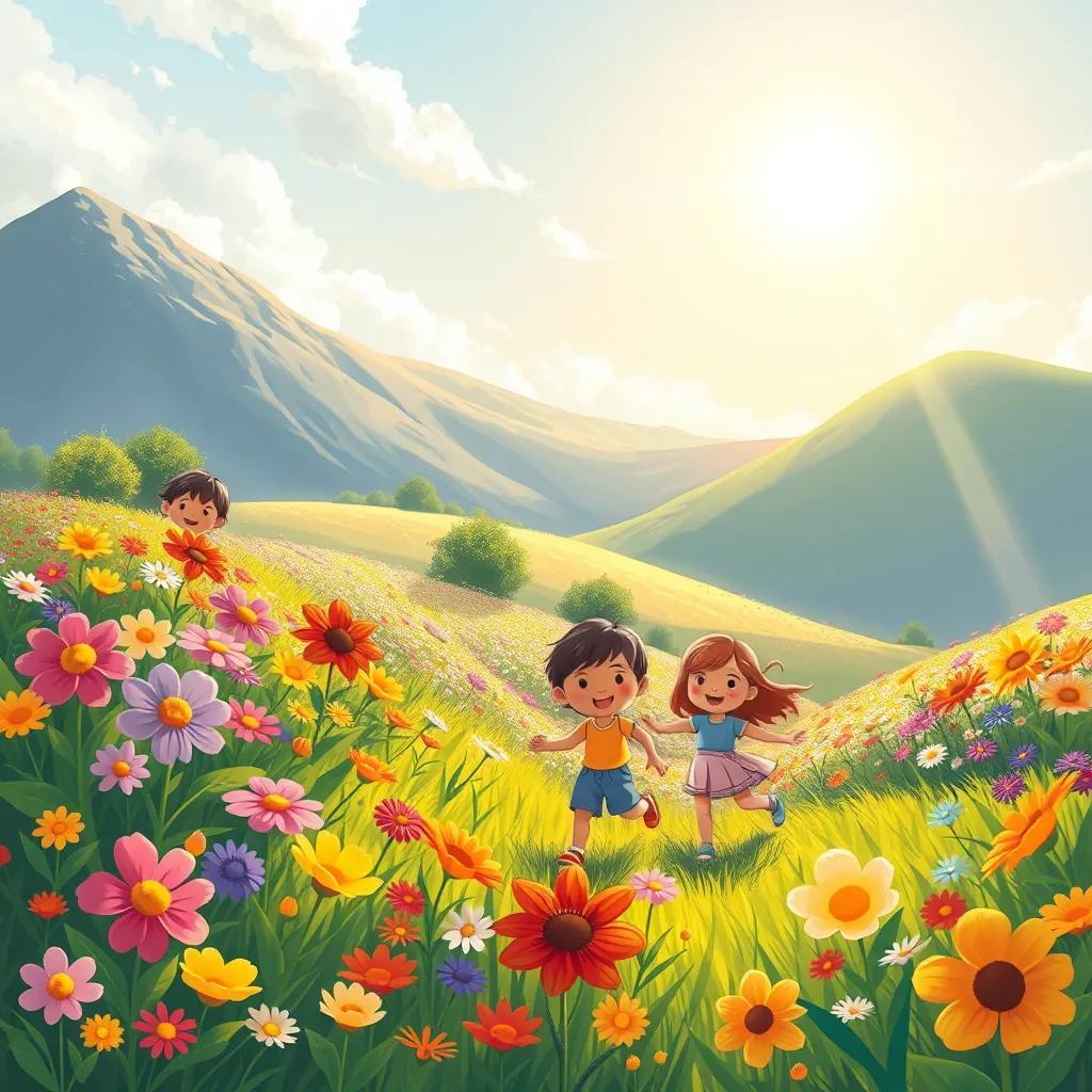 Image of A beautiful landscape with colorful flowers and happy children playing in the sunlight, digital art, bright colors, sunny atmosphere, cheerful vibe