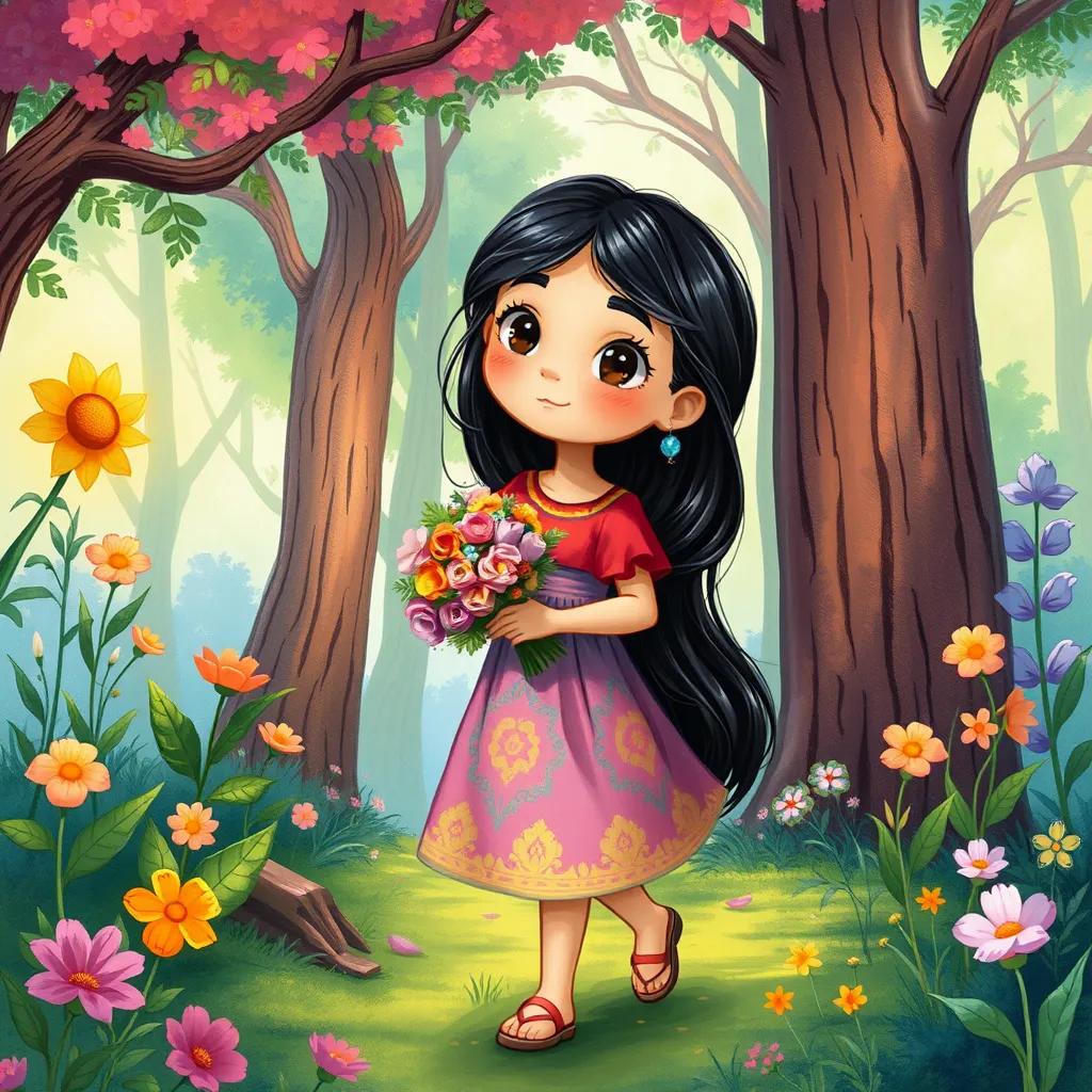 Image of A young Arab girl, Abir, with long, dark hair, wearing a colorful dress, walking through a vibrant forest, holding a bouquet of flowers, detailed, magical nature, enchanting scene