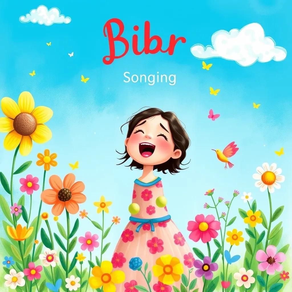 Image of Abir singing joyfully with bright blue skies, colorful flowers around her, harmony symbolized in the atmosphere, illustration, whimsical, nature-filled background