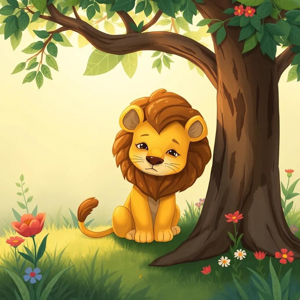 Image of A gentle lion named Rumman, sitting under a tree looking sad, surrounded by greenery and flowers, soft light, conveying a peaceful yet lonely feeling, inviting scene