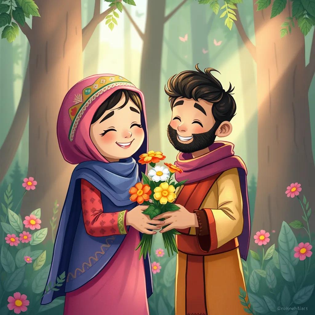 Image of Abir comforting Rumman, offering him colorful flowers, both smiling, the forest brightening with their friendship, heartwarming moment, soft colors, cheerful imagery