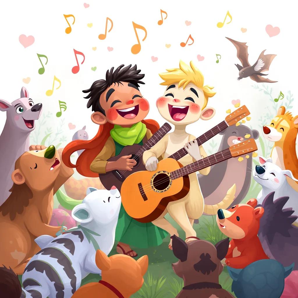 Image of Abir and Rumman playing together joyfully, surrounded by various other animals joining in, filled with music notes and laughter, vibrant and lively digital art, fantasy