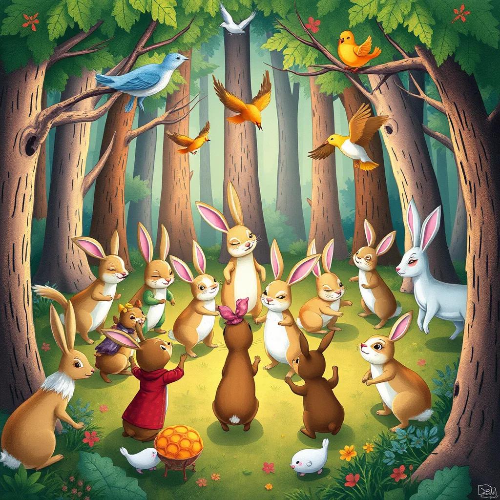 Image of A joyful gathering in the forest, with rabbits, deer, birds dancing around, vibrant colors, light hearted and festive atmosphere, sense of unity