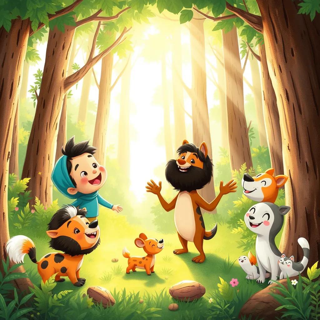 Image of Abir, Rumman, and the other animals sharing laughter and happiness in the forest, with bright sunlight streaming through the trees, uplifting and cheerful scene