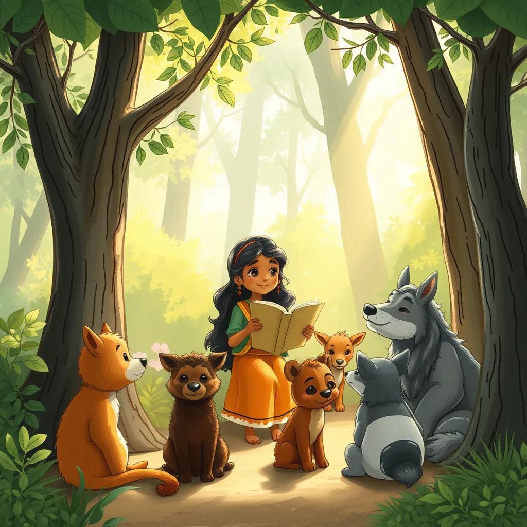 Image of Abir sharing her message of peace in the forest, surrounded by animals listening intently, soft sunlight creating a warm environment, storytelling moment