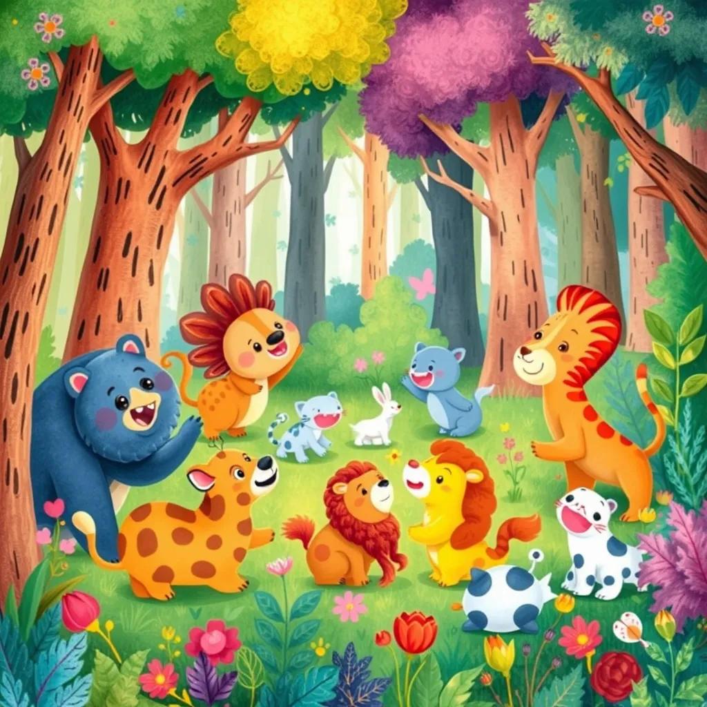 Image of A vivid scene of all the animals playing together happily, the forest alive with color and laughter, representing a world of peace and friendship