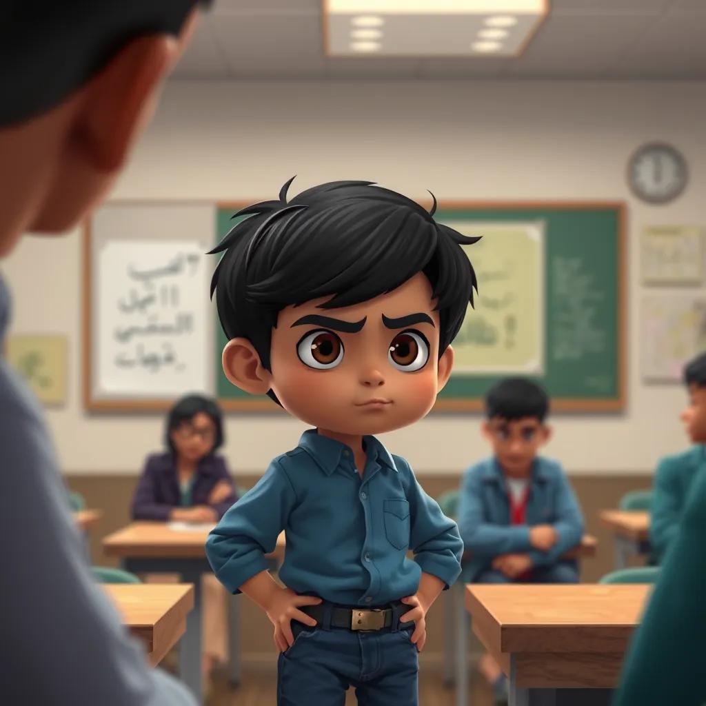 Image of A young Arab boy, Sami, with short black hair, wearing a blue shirt and jeans, looking stubborn while facing his teacher in the classroom, detailed illustration, focused expression, engaging atmosphere