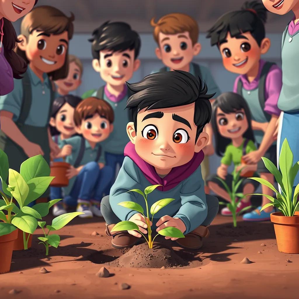 Image of Sami planting a small plant in the ground, looking determined yet confused, surrounded by fellow students working together and smiling, child-friendly illustration, with focus on Sami, encouraging atmosphere