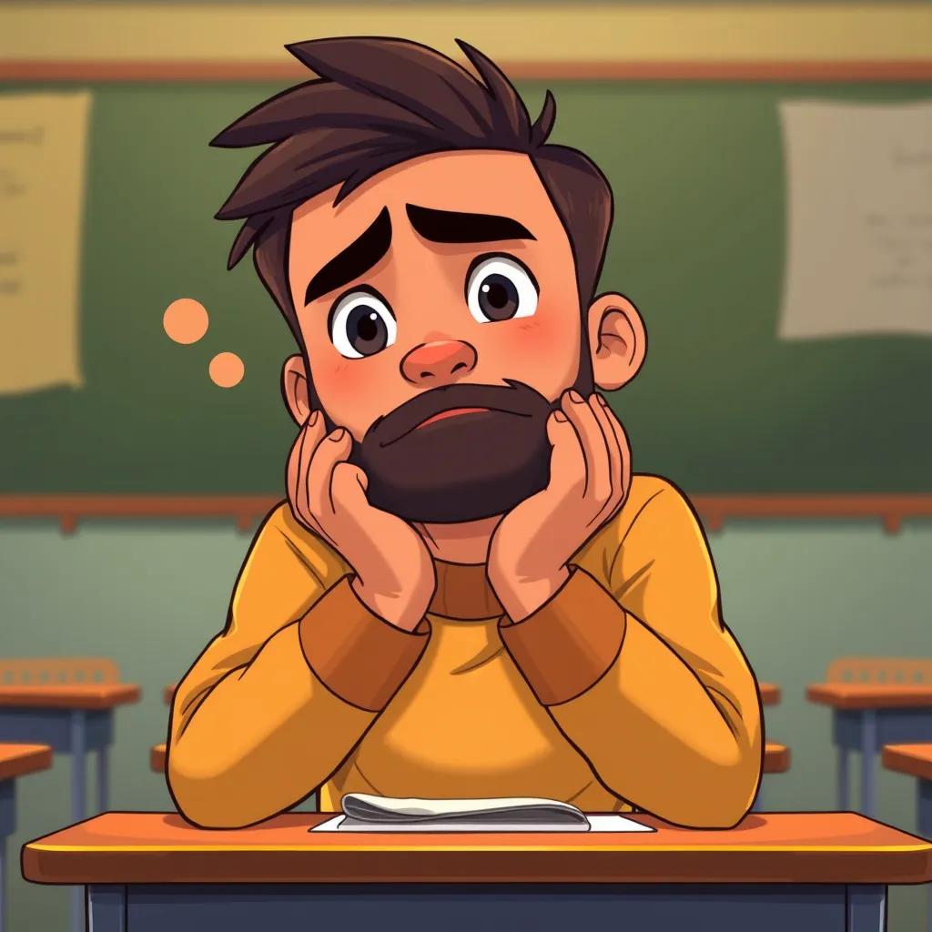 Image of Sami thinking with a concerned expression, realizing his stubbornness, sitting at a desk with his hands on his face, classroom backdrop, illustration, thoughtful mood, warm lighting