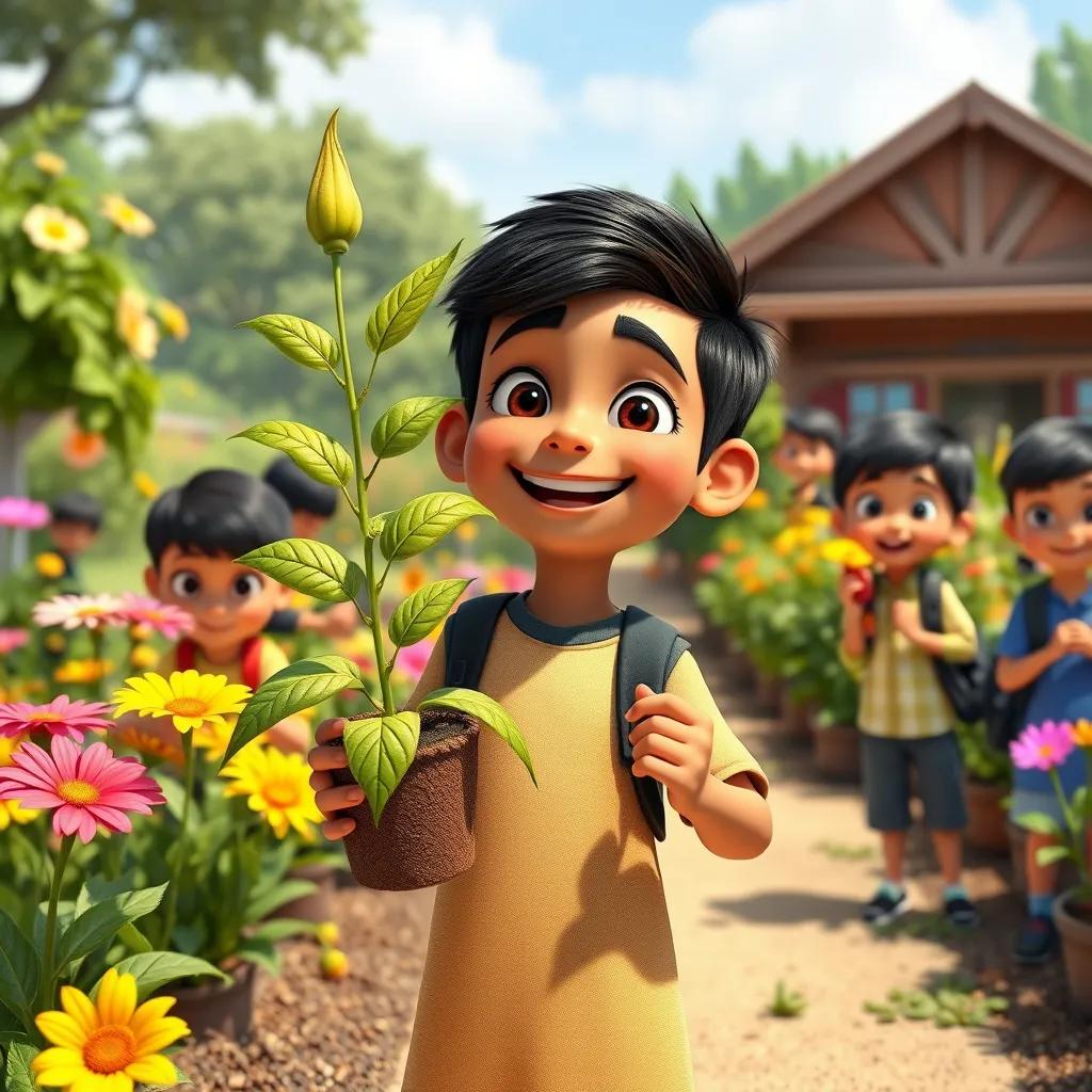 Image of Sami with a big smile, holding his plant proudly, standing with his friends in the school garden, vibrant flowers all around, digital art, happy ending, celebration scene