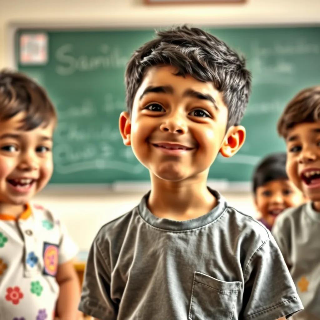 Image of Sami, a young Arab boy with short black hair, standing in front of a chalkboard making funny faces, surrounded by laughing classmates, bright colors, lively classroom environment, child-friendly, humorous view, high quality