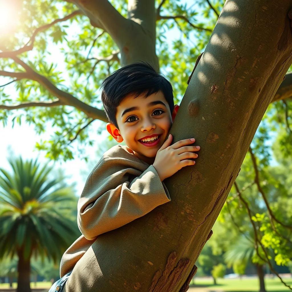 Image of A young Arab boy, Sami, with short black hair, climbing a big green tree in a sunny park, looking happy and adventurous, digital art, bright colors, nature setting, lively atmosphere, high quality